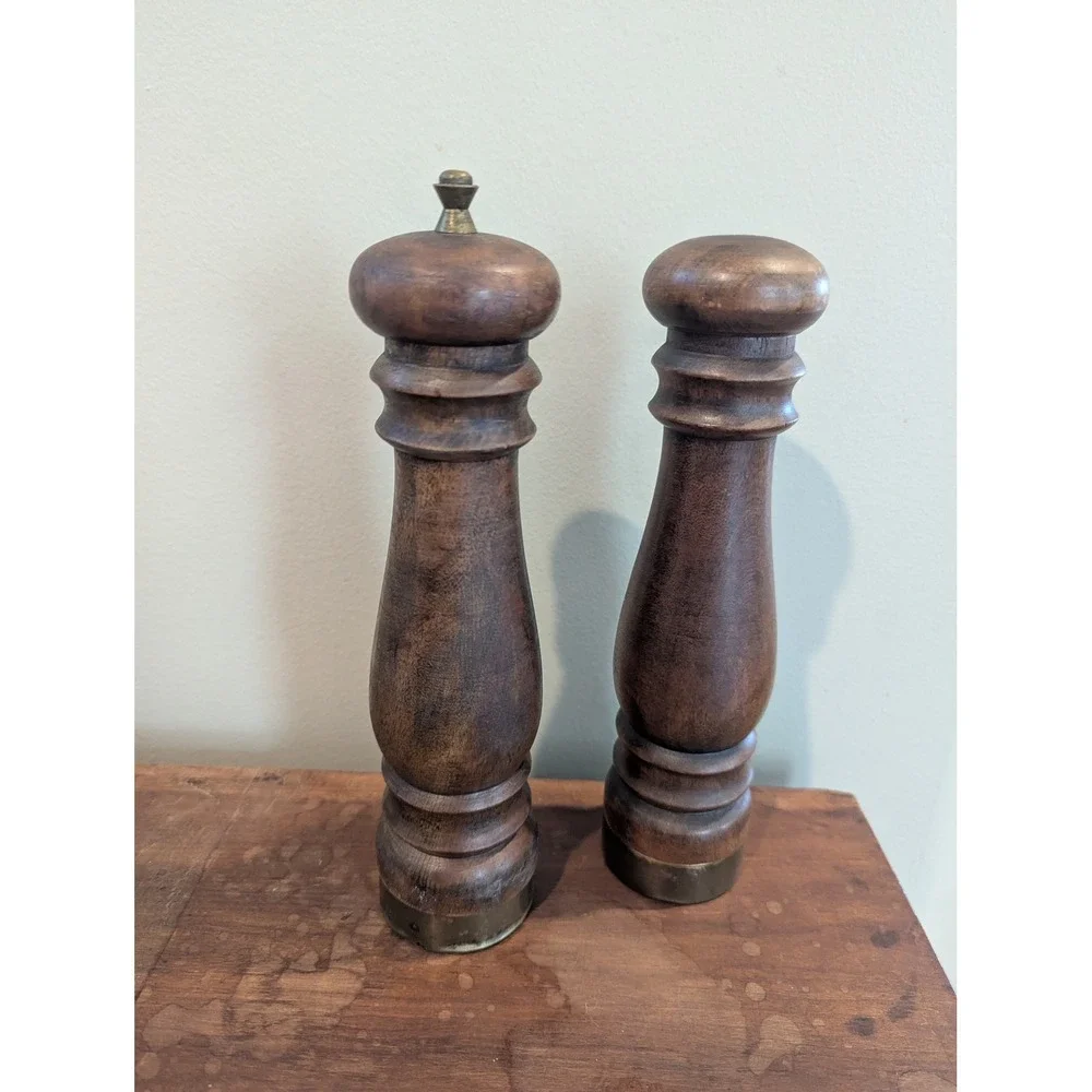 Vintage Wood Salt and Pepper Mill Set Brass Accents Made in Japan Mid Century